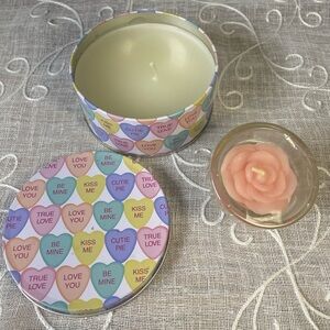 Vintage Valentine Candy Hearts 4” Tin Candle Set with Pink Rosette Tea Light